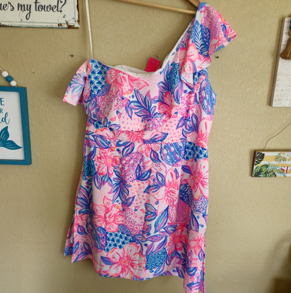 Lilly Pulitzer Size 16 Rumper Dress Snsppy Turtle One Shoulder Coastal Beach - Picture 2 of 13